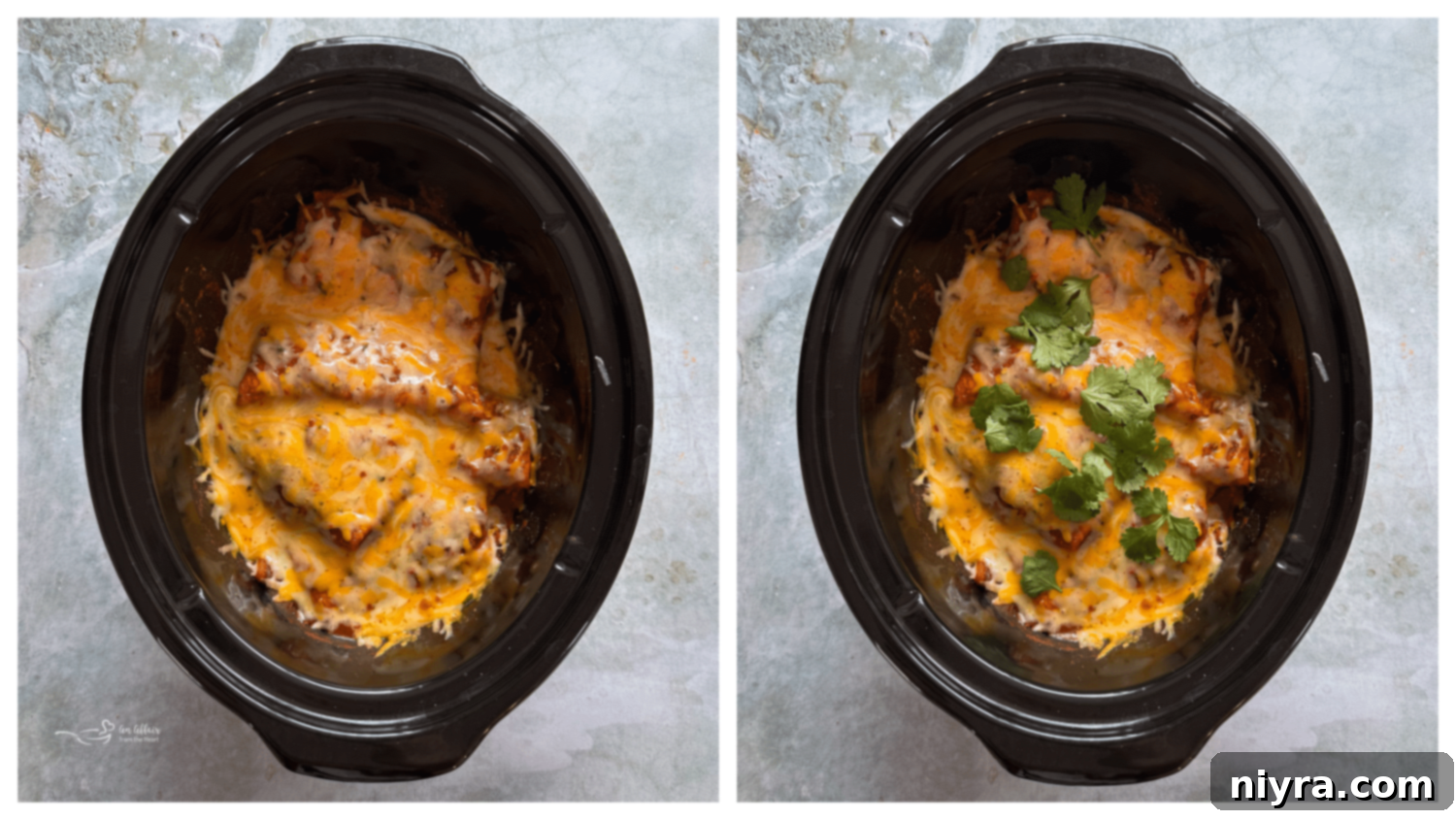 Slow cooker with burritos covered in enchilada sauce, cooking.