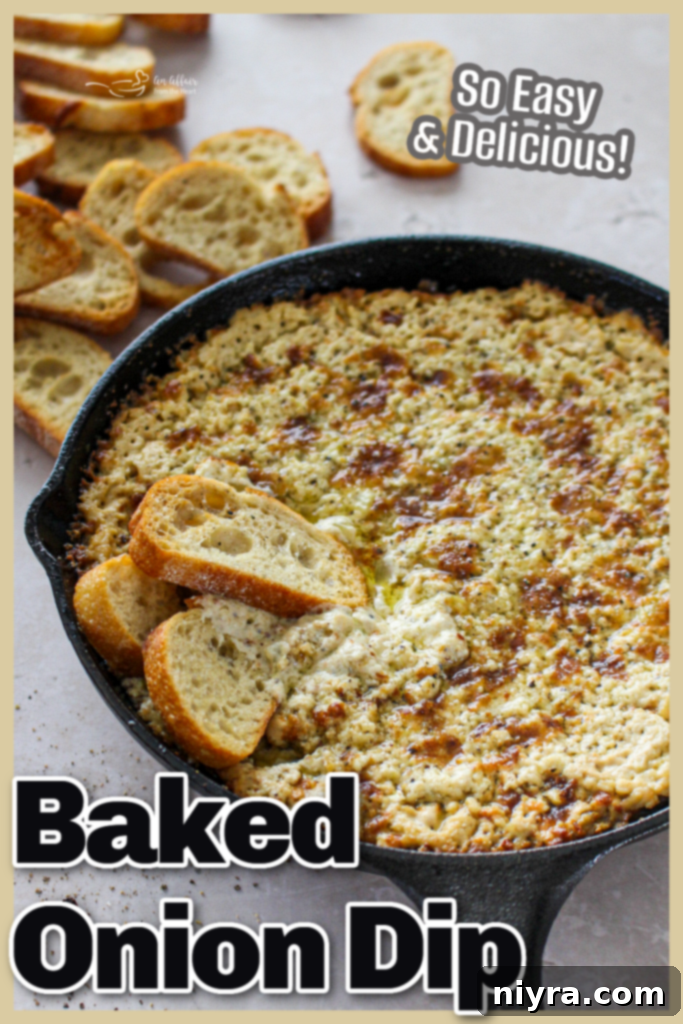 Baked Onion Dip in a baking dish with dippers
