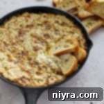 Close up of Baguette pieces in the Baked Onion Dip.