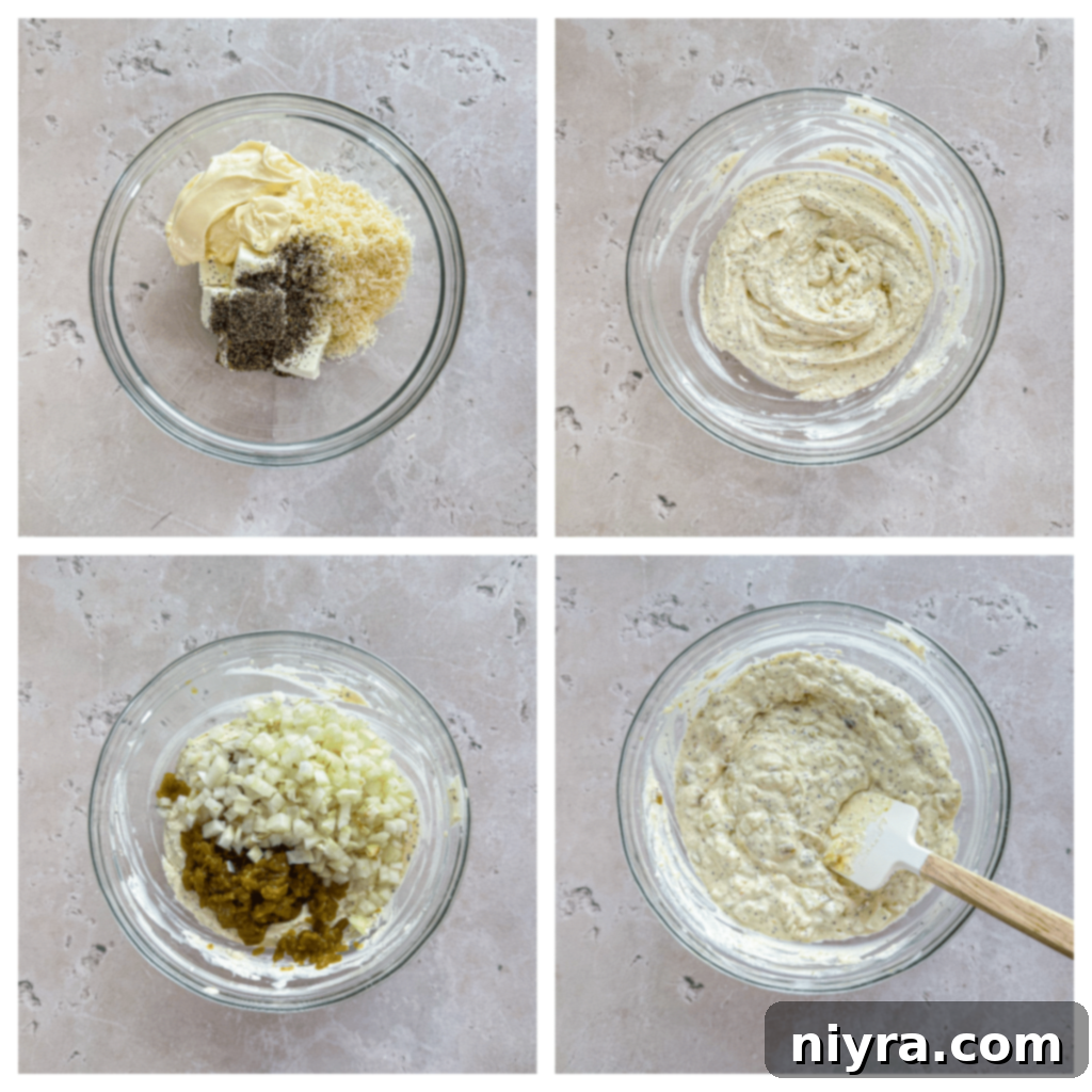 Ingredients for Baked Onion Dip being mixed in a bowl