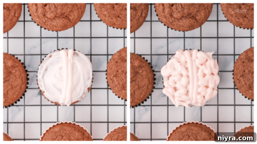 Frosting Halloween Brain Cupcakes