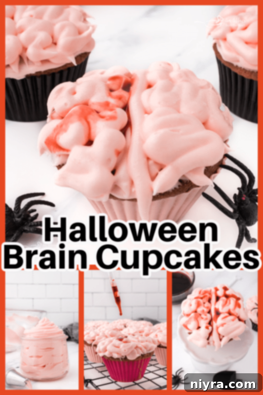 Finished Halloween Brain Cupcakes with edible blood