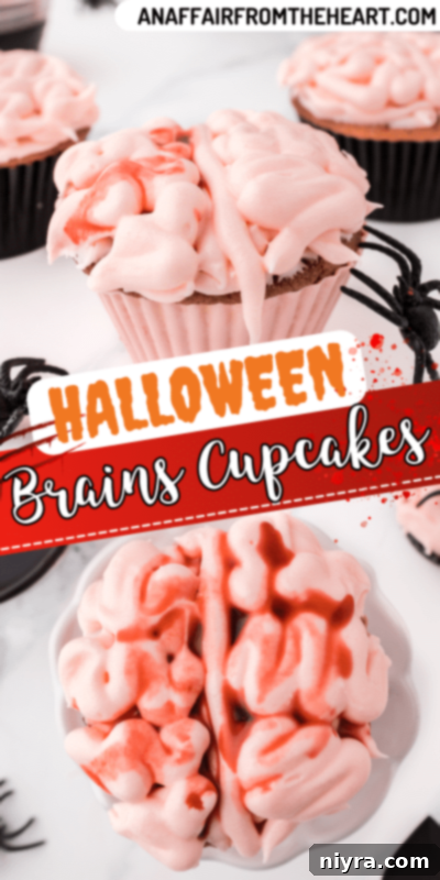 Pinterest-friendly image for Halloween Brain Cupcakes