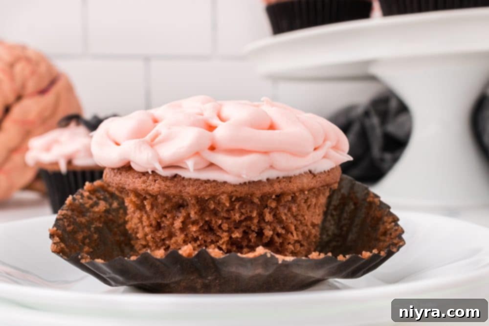 Collection of Halloween Brain Cupcakes on a tiered stand