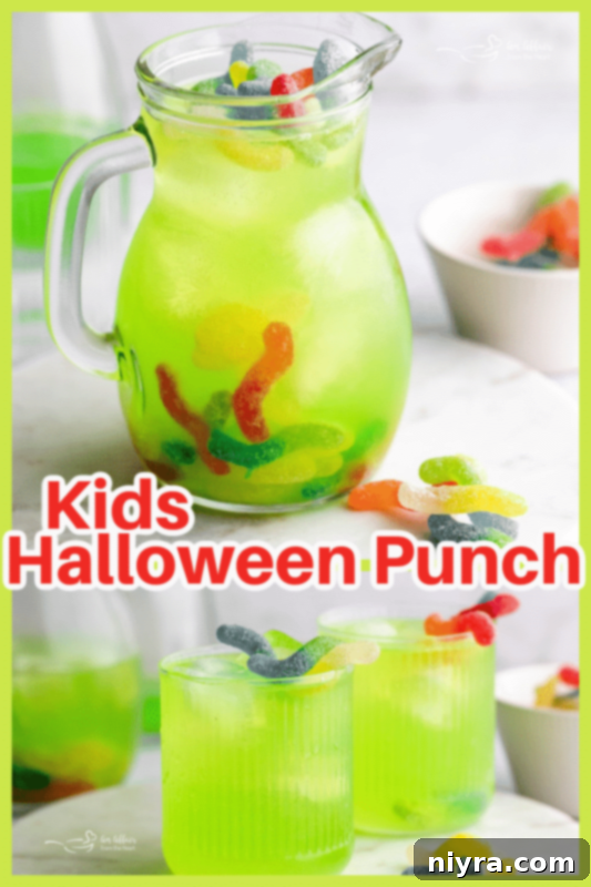 A banner for Kids Halloween Punch with a pitcher of the green punch and a title 'Kids Halloween Punch' and text 'An Affair from the Heart'