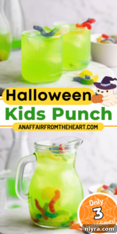 Close-up of Halloween Kids Punch with sour worms in a glass, with a 'Pin It' graphic