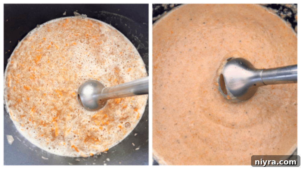 Step 7: Stirring in heavy cream after pureeing the soup.