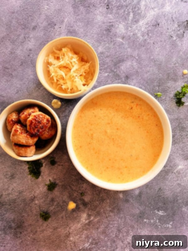 A beautifully presented bowl of French Sauerkraut Soup.