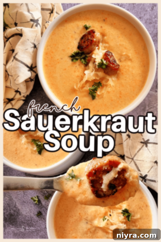French Sauerkraut Soup served in a white bowl, garnished.