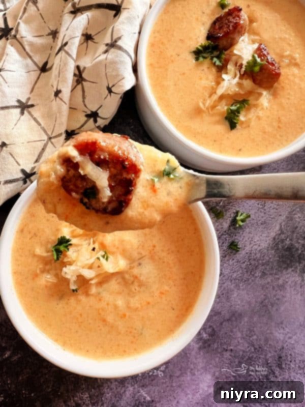A bowl of French Sauerkraut Soup with a dark background.