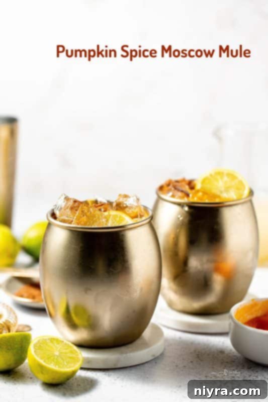 Pumpkin Spice Moscow Mule hero shot with autumn leaves and pumpkins