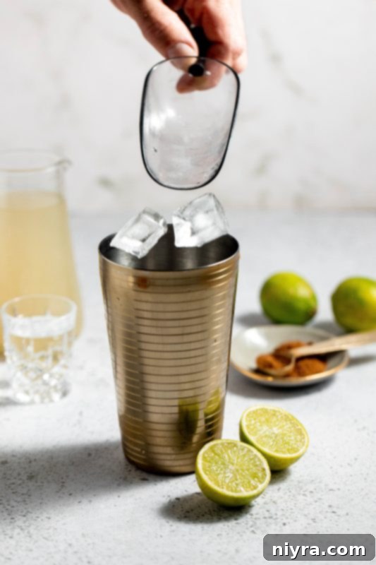 A cocktail shaker filled with ice.