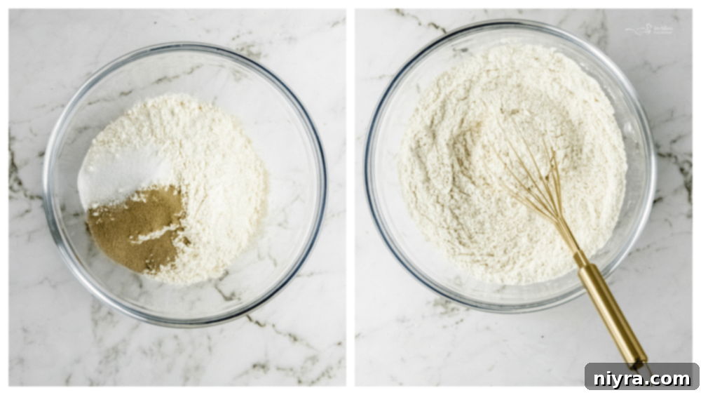 Initial dry ingredients (flour, salt, yeast) mixed in a large bowl