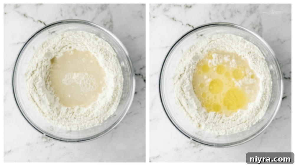 Wet ingredients being added to the dry mixture to form focaccia dough