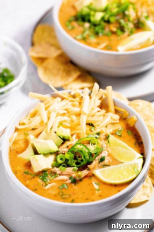 Overhead view of a bowl of Mexican Style Leftover Turkey Soup garnished with fresh cilantro and lime.