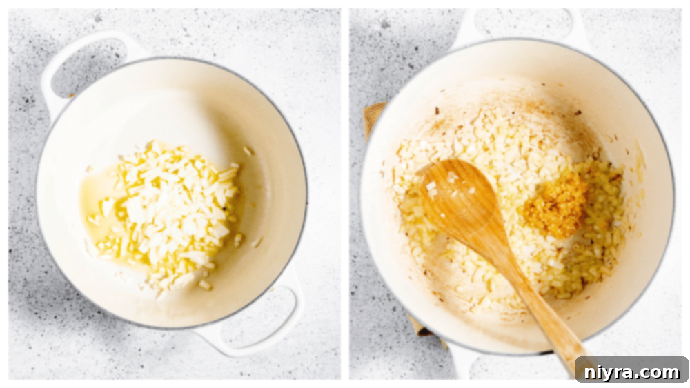 Step 1: Sauteing onions in a large pot with olive oil.