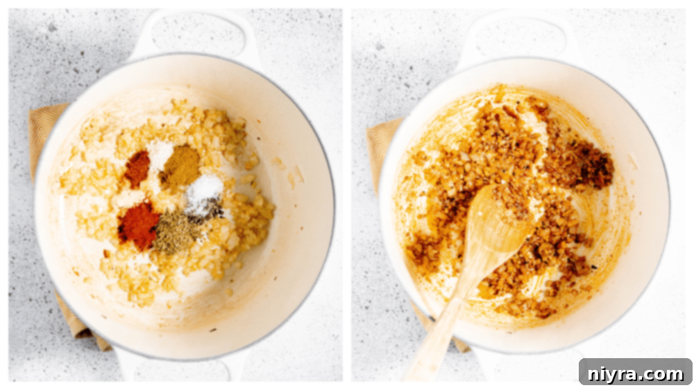 Step 2: Adding garlic to the sauteed onions.