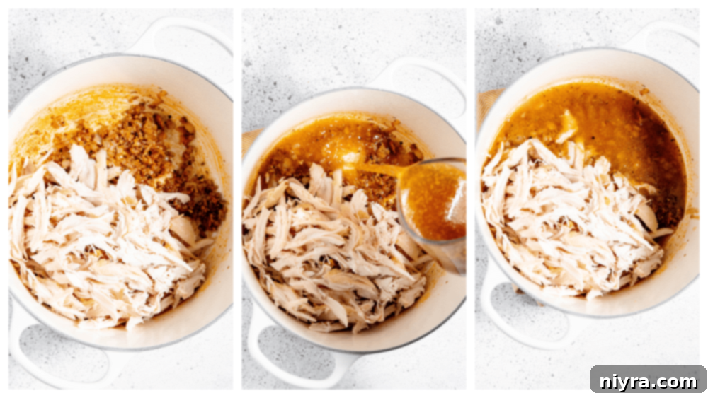 Step 3: Adding shredded turkey and chicken broth to the pot.