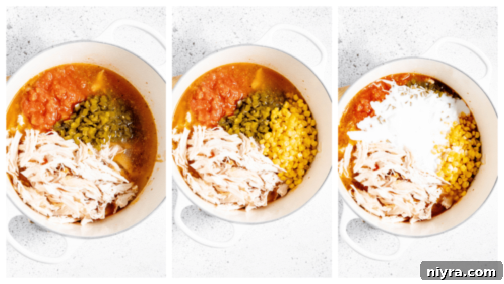 Step 4: Adding tomatoes, corn, jalapenos, and coconut milk.