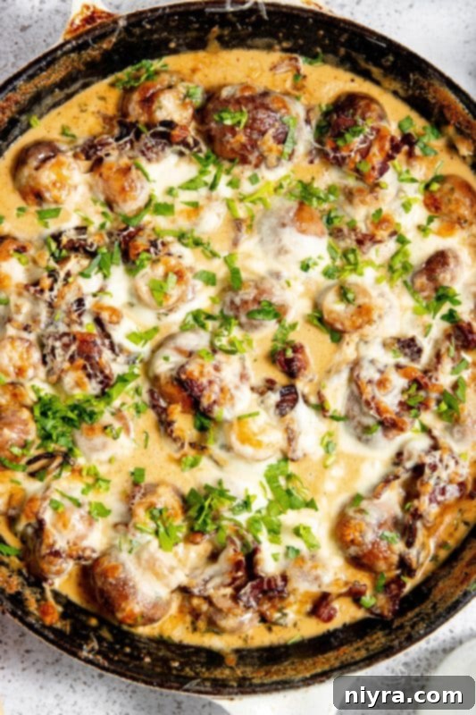 Creamy Mushrooms and Bacon, fresh out of the broiler with bubbly, golden cheese.