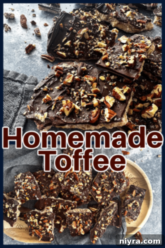 Toffee pieces with chocolate and nuts on a serving board