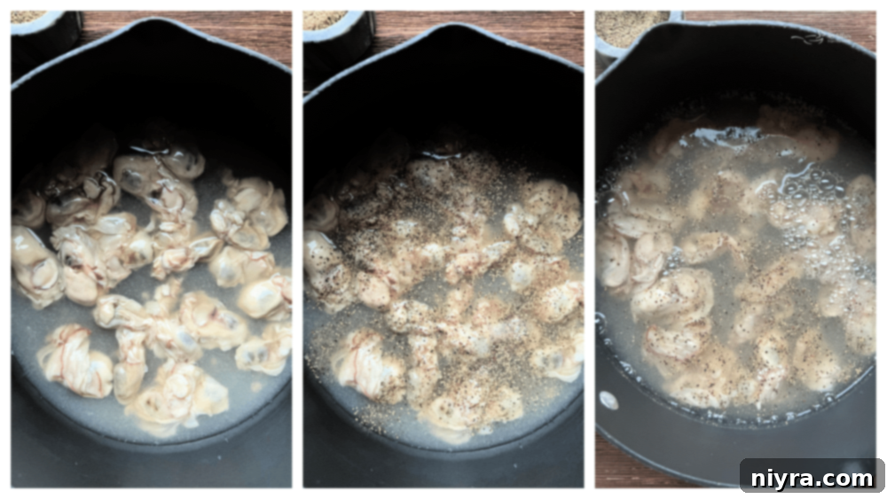 Collage showing steps to cook oyster stew.
