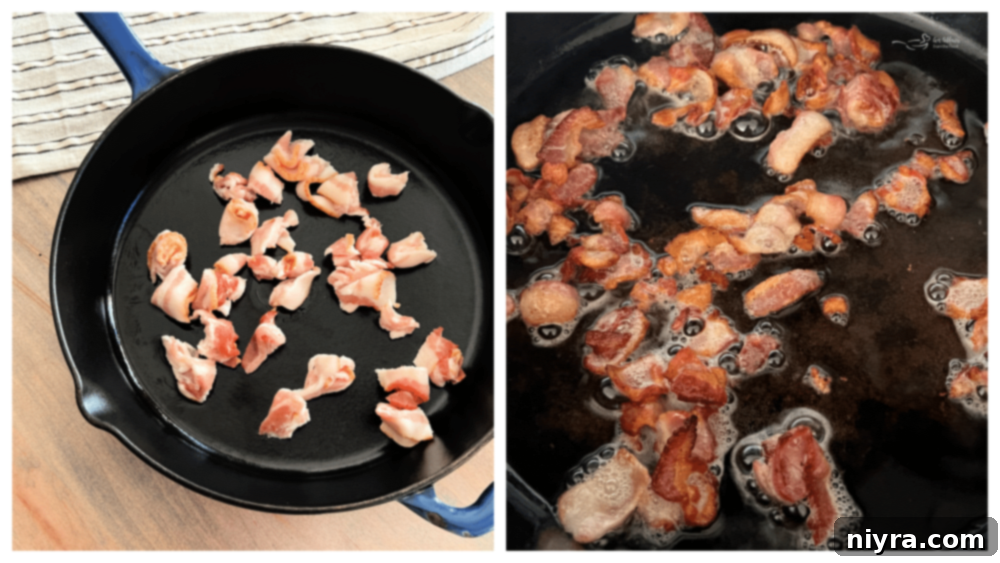 Bacon cooking in a cast iron skillet