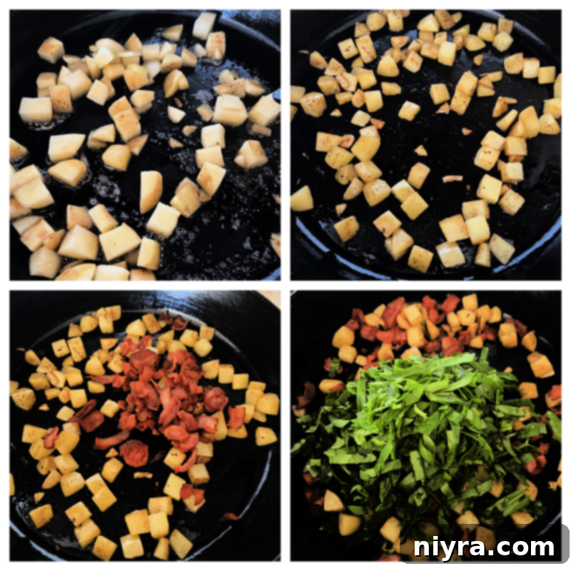 Golden potatoes cooking in a cast iron skillet