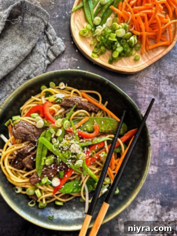 A close-up of Beef Lo Mein in a dark bowl, with noodles, beef, and colorful vegetables visible.