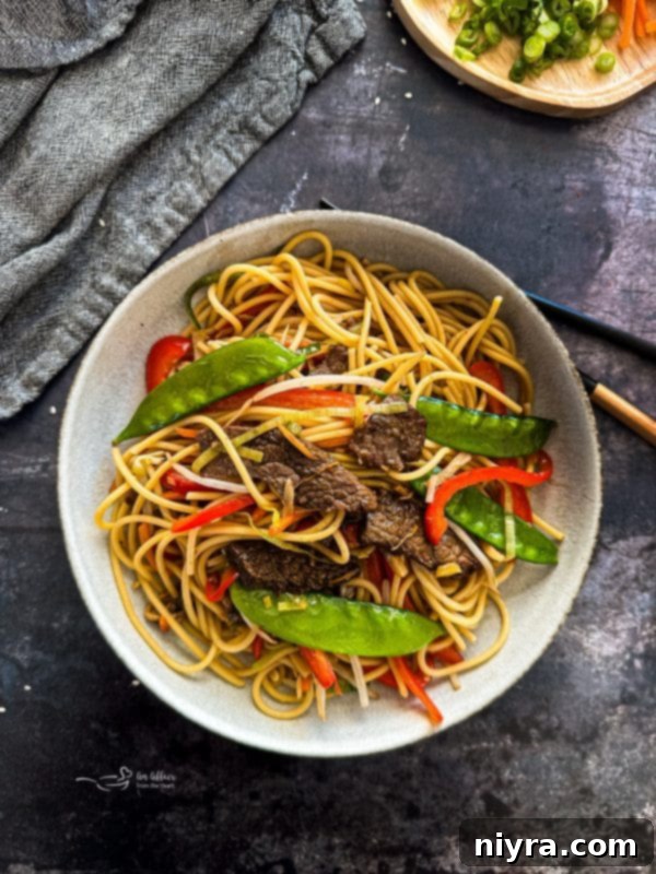 Serving of Beef Lo Mein in a bowl with a fork.