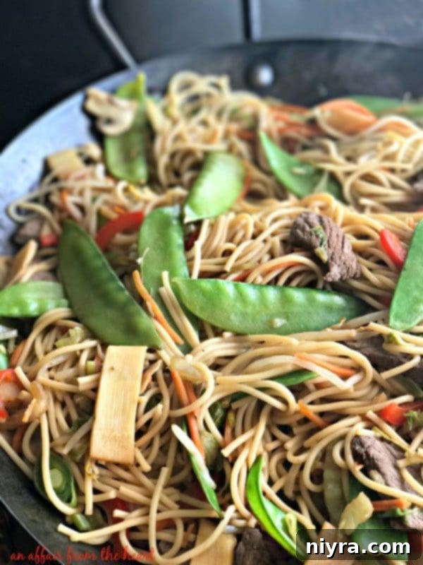 Beef Lo Mein in a bowl.