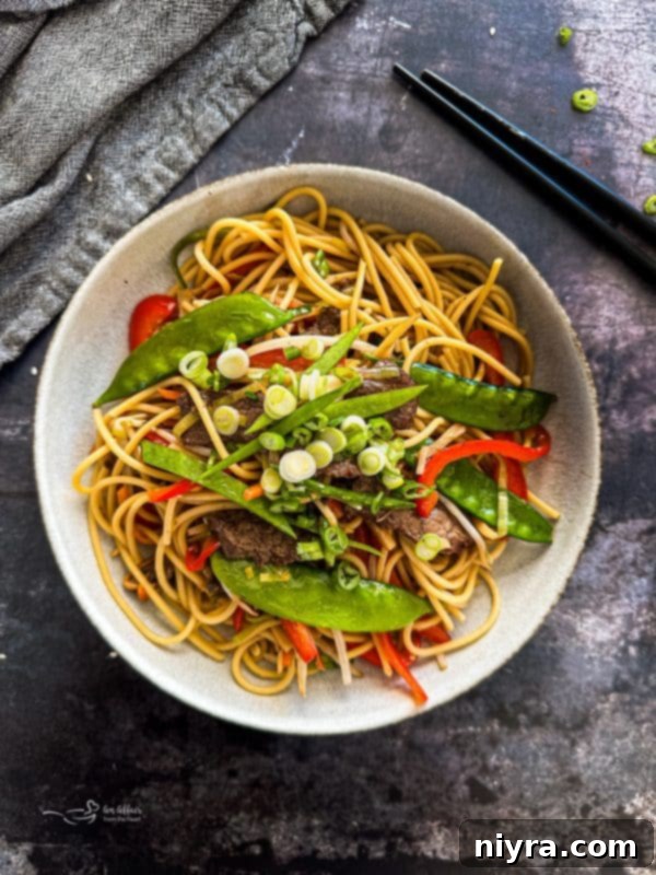 Beef Lo Mein served in a dark green bowl, with chopsticks resting on top.