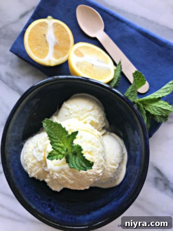 Bright yellow lemon ice cream in a white bowl, garnished with a lemon slice and mint.