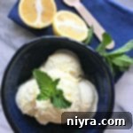 Overhead of Lemon Ice cream in a blue bowl