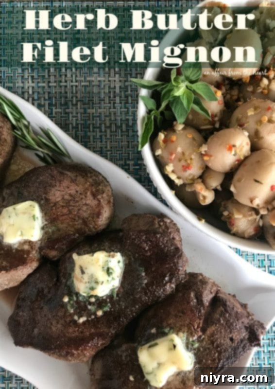 Aromatic Herb Butter Filet Mignon 10 Hero shot of a beautifully cooked Herb Butter Filet Mignon steak, glistening with butter, ready to eat