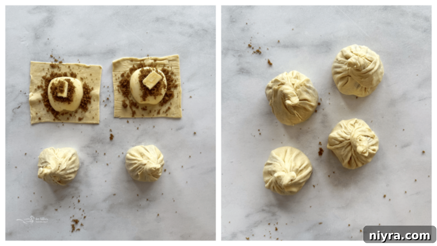 Spiced Rum Caramel Apple Dumplings 11 Sprinkling cinnamon sugar over apples on puff pastry