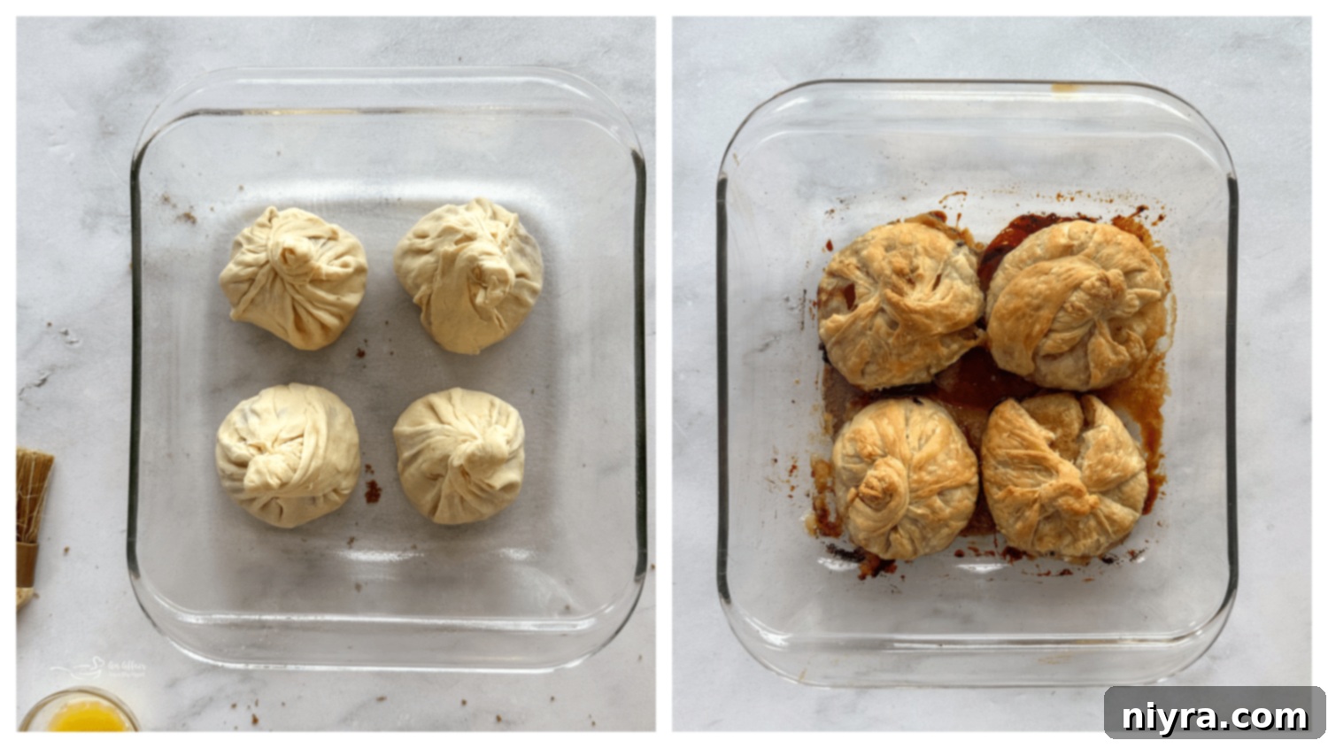 Spiced Rum Caramel Apple Dumplings 12 Wrapped apple dumplings in a baking dish