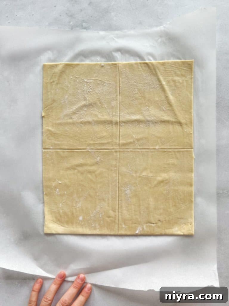 Spiced Rum Caramel Apple Dumplings 9 Puff pastry squares ready for apples