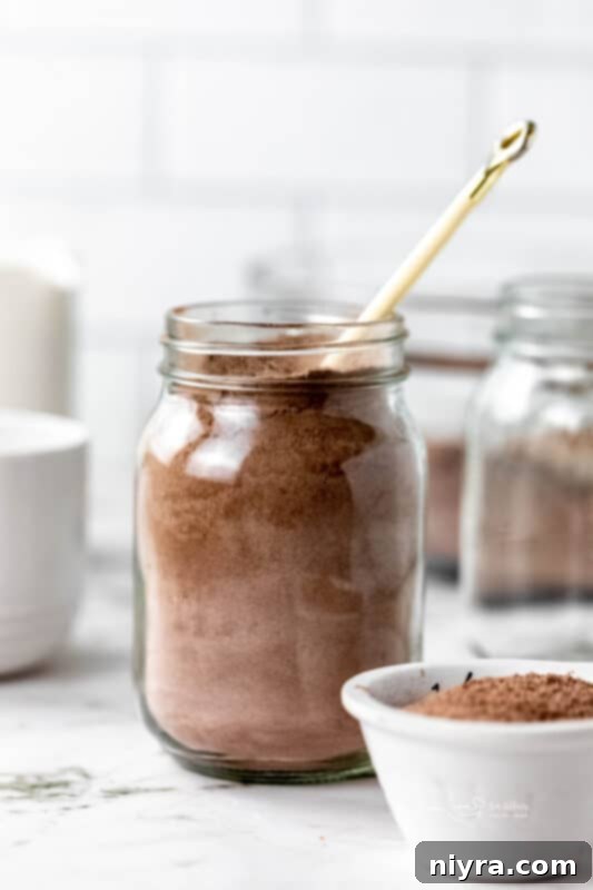 Cozy DIY Hot Chocolate Blend 2 A mason jar filled with homemade hot cocoa mix, ready for gifting or enjoying.