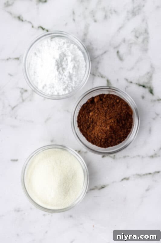 Cozy DIY Hot Chocolate Blend 3 Three jars of homemade hot cocoa mix, ready for gifting.