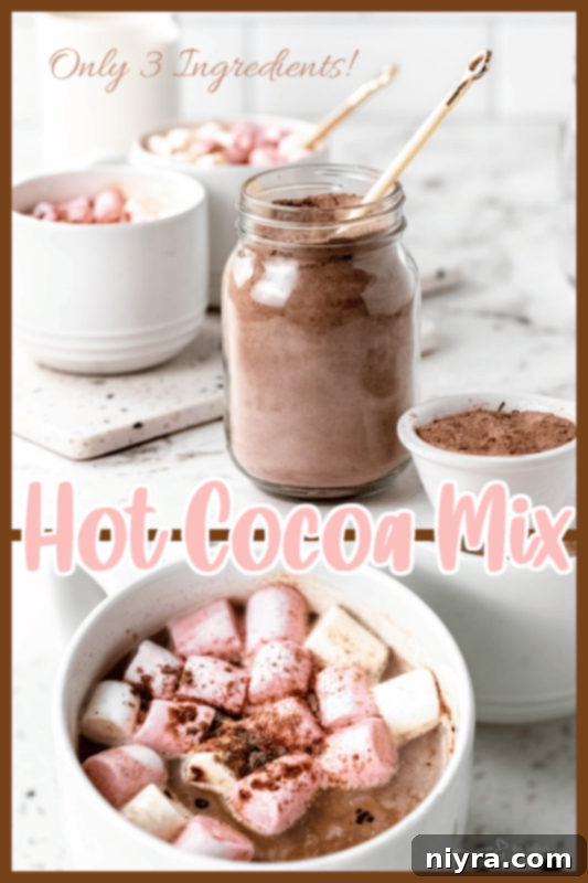Cozy DIY Hot Chocolate Blend 9 Homemade hot cocoa mix in a jar with marshmallows and a mug beside it.