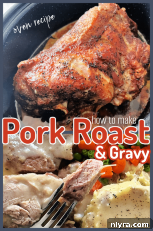 A Pinterest-friendly graphic for 'Pork Roast and Gravy' with the blog's branding.