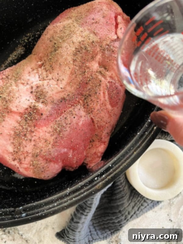 Step 2: Adding water to the bottom of the roasting pan around the seasoned pork roast.