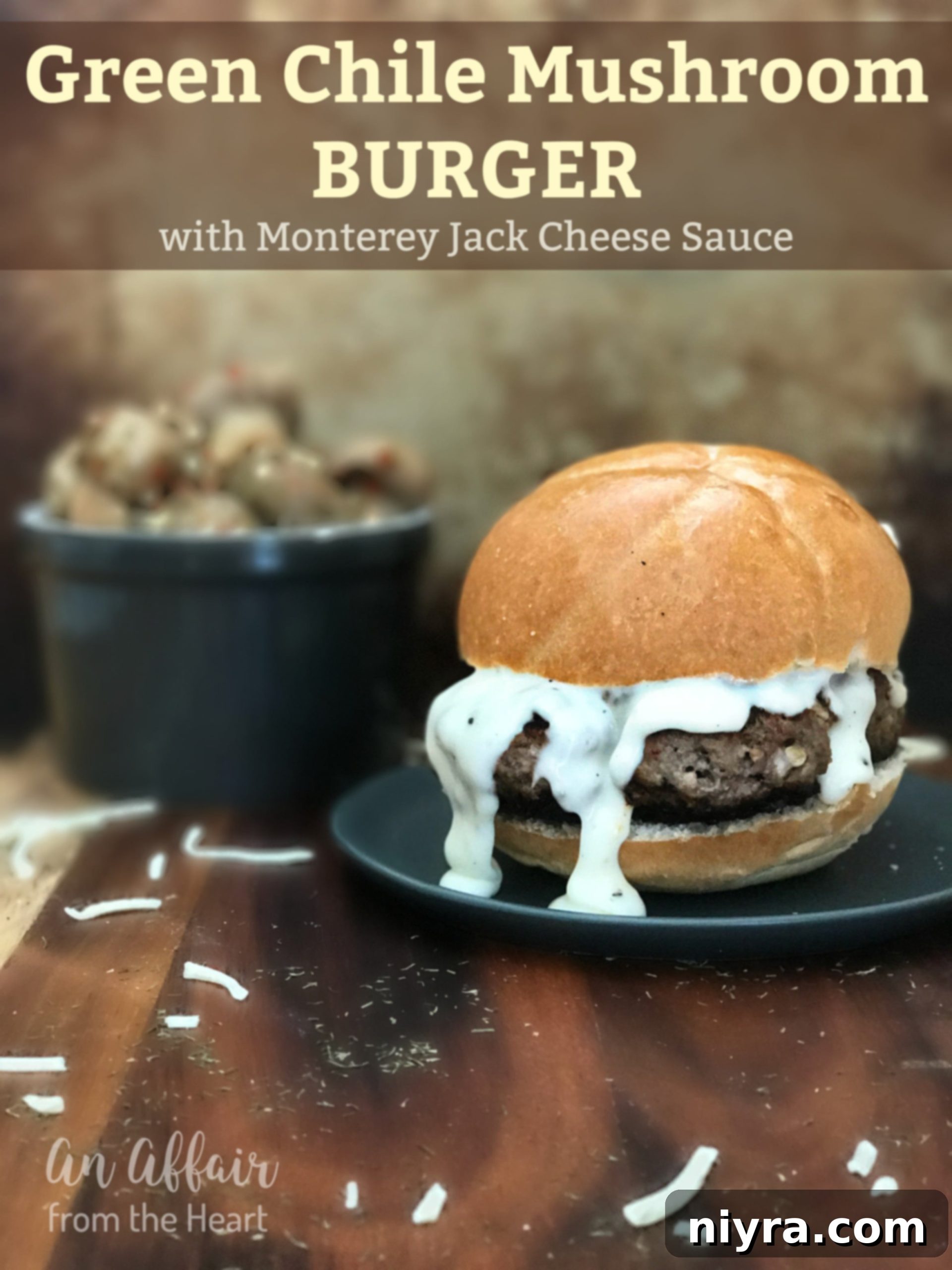 Green Chile Mushroom Burger with Monterey Jack Cheese Sauce
