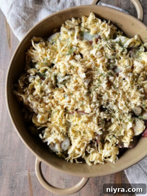 Heavy cream being poured over potatoes, Brussels sprouts, and Havarti cheese in a baking dish