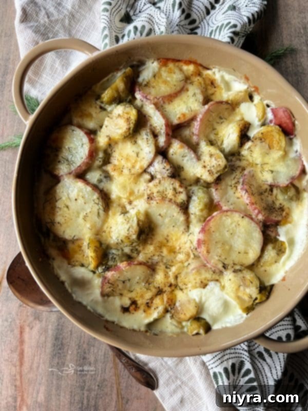 Pinterest-ready image for Brussels Sprouts and Potatoes Au Gratin