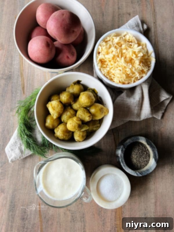 Side view of Brussels Sprouts and Potatoes Au Gratin in a baking dish, golden brown and bubbly