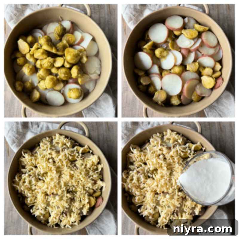 Cooked potatoes and sliced Brussels sprouts mixed in a casserole dish