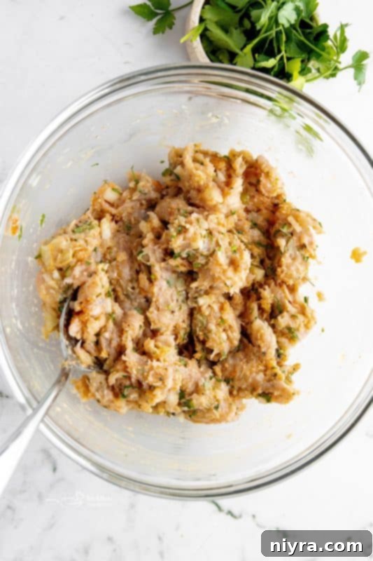 Meatball mixture being mixed in a bowl