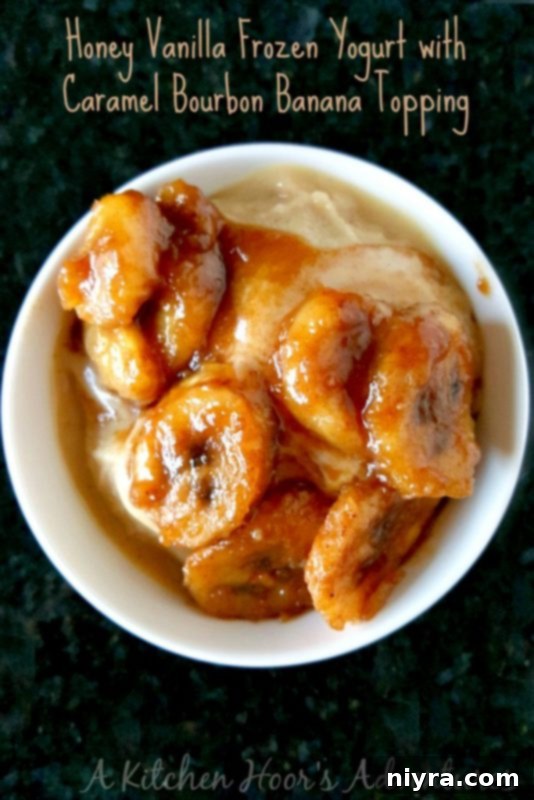 Sticky Honey Sriracha Wings 9 Honey Froyo Caramel Bananas - a dessert with frozen yogurt and toppings